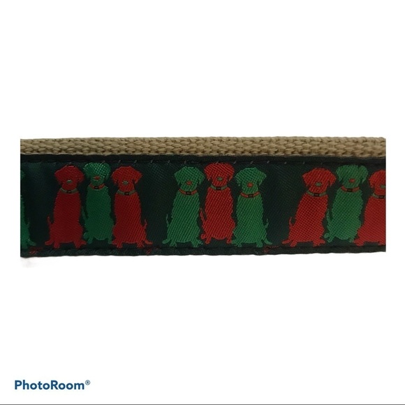 The Belted Cow Three Wise Labs Dog Belt Red Green Leather Trim Preppycore - Picture 6 of 6